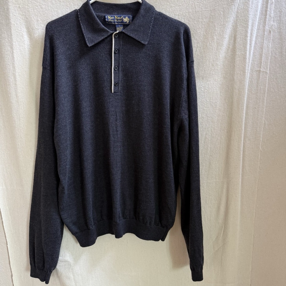 MENS NAT NAST POLO SWEATER SIZE L 100% MERINO WOOL BLACK‎